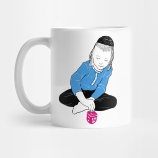 Boy spinning dreidel on Hanukkah Mug